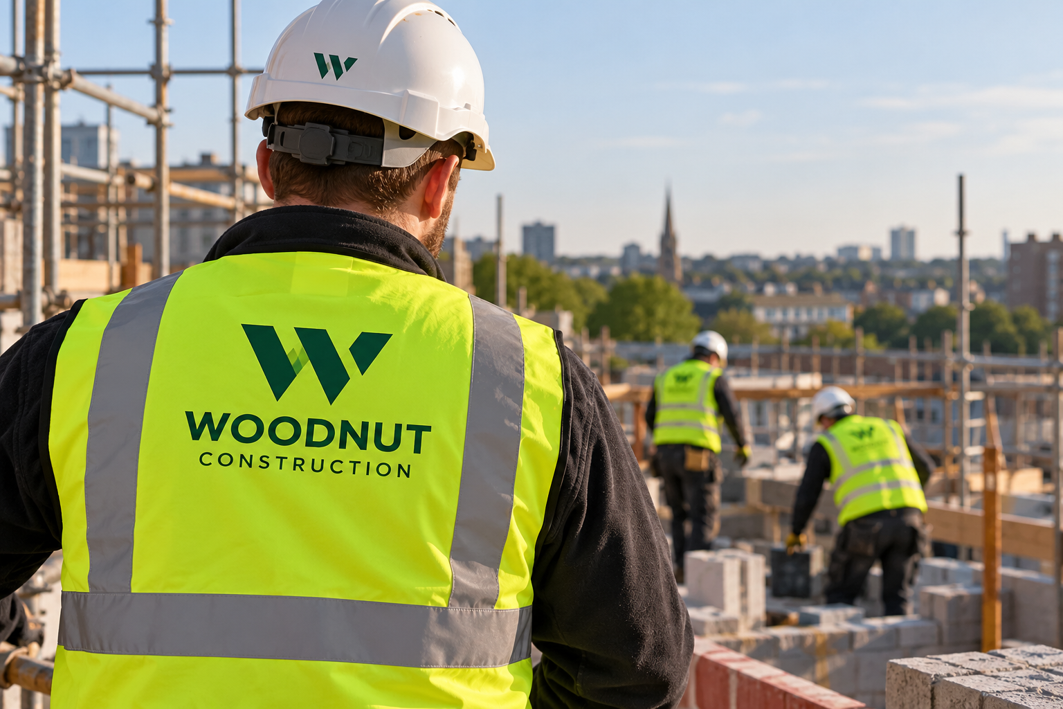 Illustration of construction workers in Woodnut branded high-vis vests on a London housing site